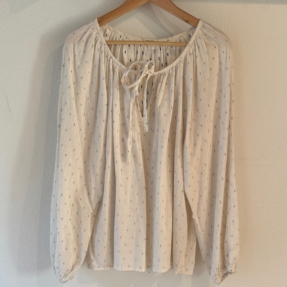 dylan Tops - Dylan Boho Pheasant 100% Cotton Tie Neck Cream Blouse, Delicate Dots, Size L